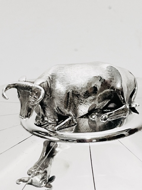 Antique Silver Plated Butter Dish with Reclining Cow Finial