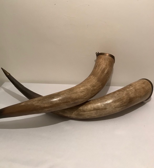 Decorative Antique Pair of Large Brass Mounted Cow or Bull Horns