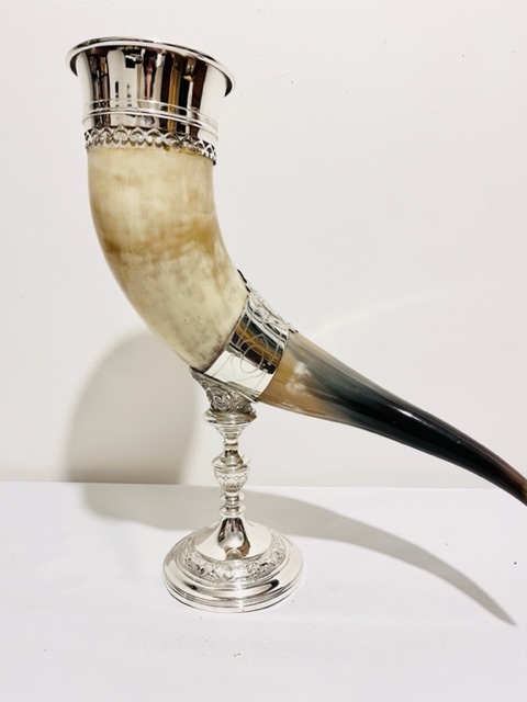 Antique Silver Plated and Cow Horn of Plenty on Stand