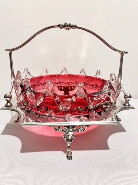 Large Antique Silver Plated and Cranberry Glass Fruit or Salad Bowl