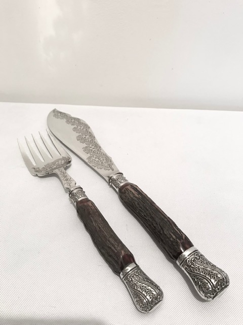 Pair of Antique Silver Plated Antler Handle Fish Servers