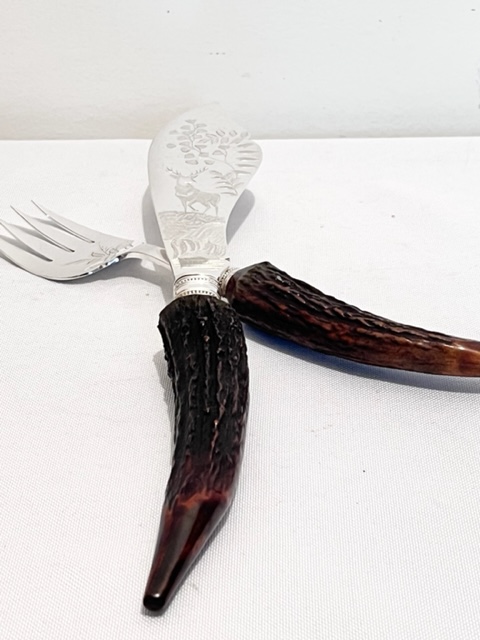 Pair of Victorian Fish Servers with Stag Antler Handles