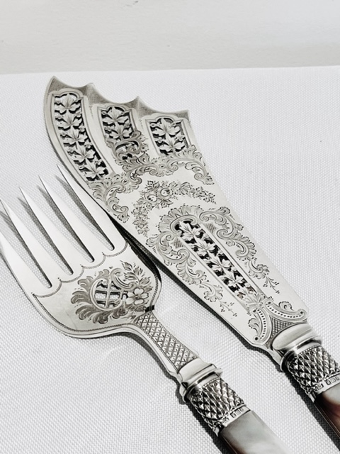 Pair of Victorian Silver Plated and Carved Mother of Pearl Fish Servers