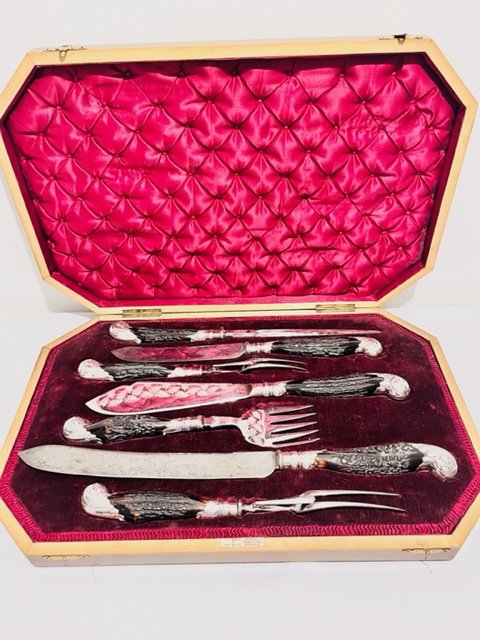 Boxed Set of Antique Silver Plated Serving Cutlery with Robust Antler Handles