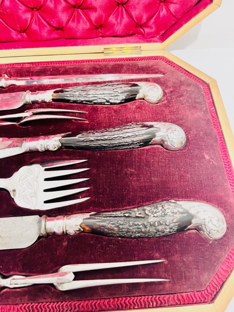 Boxed Set of Antique Silver Plated Serving Cutlery with Robust Antler Handles