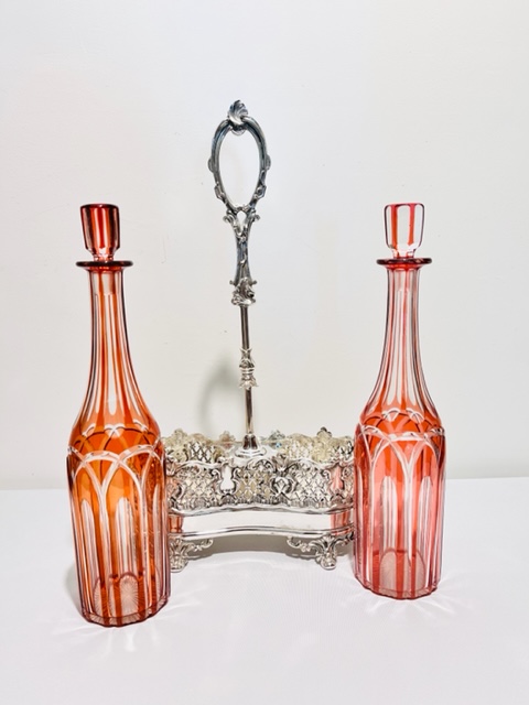 Antique Silver Plated Decanter Stand with Two Clear and Cranberry Glass Decanters