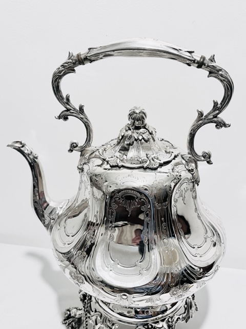 Antique Large Silver Plated Kettle with Panelled Sides on Stand