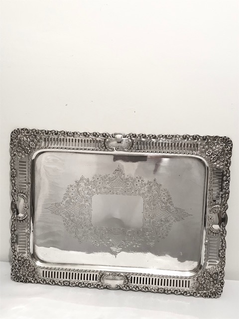 Antique Rectangular Silver Plated Salver with Bold Embossed Edge and Shells in the Corners
