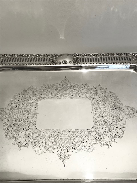 Antique Rectangular Silver Plated Salver with Bold Embossed Edge and Shells in the Corners
