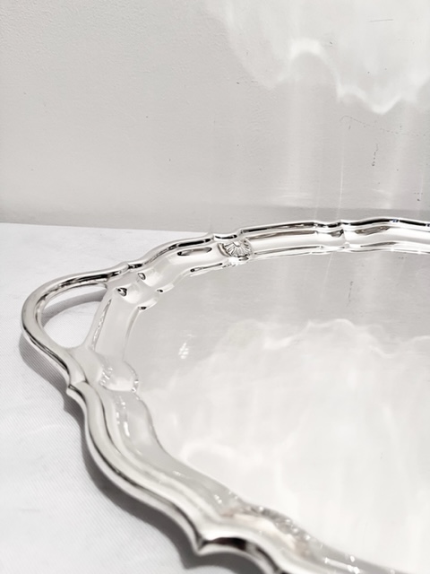 Antique Silver Plated Tray with Plain Simple Loop Handles and Pie Crust Edge