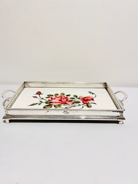 Pretty Antique Silver Plated and Porcelain Gallery Tray (c.1920)