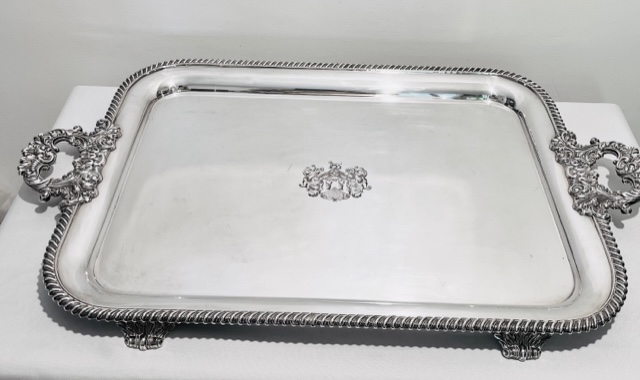 Large Antique Silver Plated Tray with Robust Handles of Scrolls and Leaves