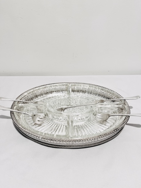 Vintage Silver Plated Gallery Tray with 5 Glass Hors d’oeuvre Trays