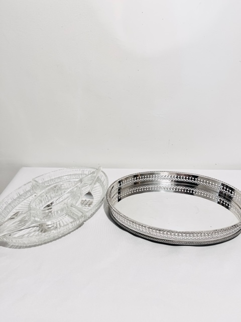 Vintage Silver Plated Gallery Tray with 5 Glass Hors d’oeuvre Trays