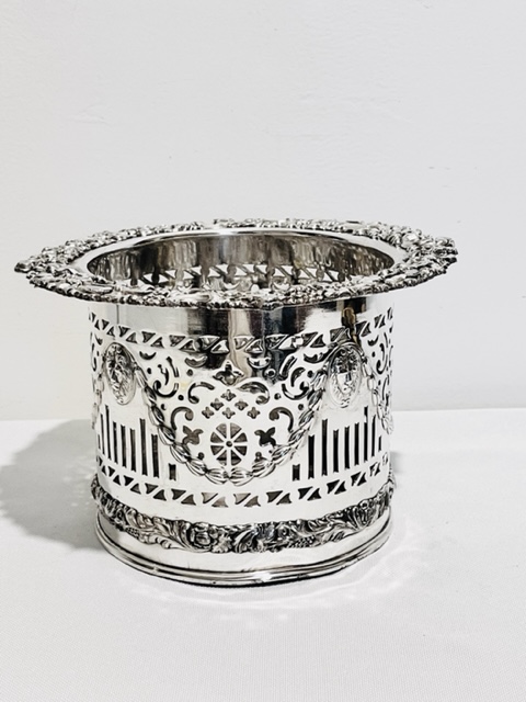 Antique Silver Plated Wine or Champagne Bottle Coaster with Pierced and Embossed Sides