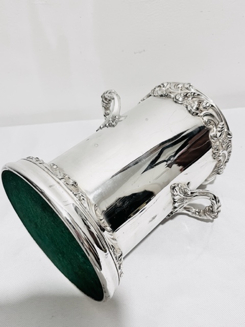 Antique Silver Plated Wine Bottle Holder with Elaborate Mounted Bands of Scrolls and Leaves