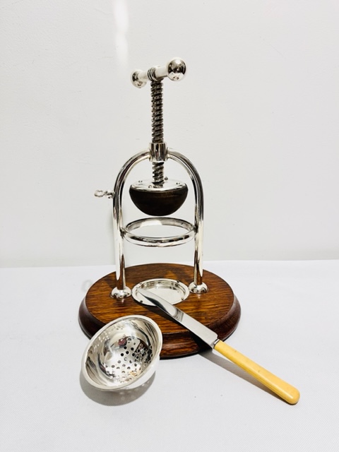 Antique Silver Plated and Oak Lemon Squeezer or Juicer Antique Silver Plated and Oak Lemon Squeezer or Juicer