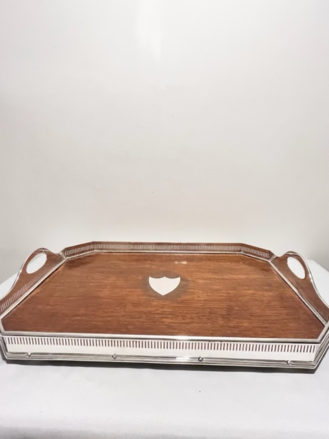 Large Antique Silver Plated and Oak Gallery Tray