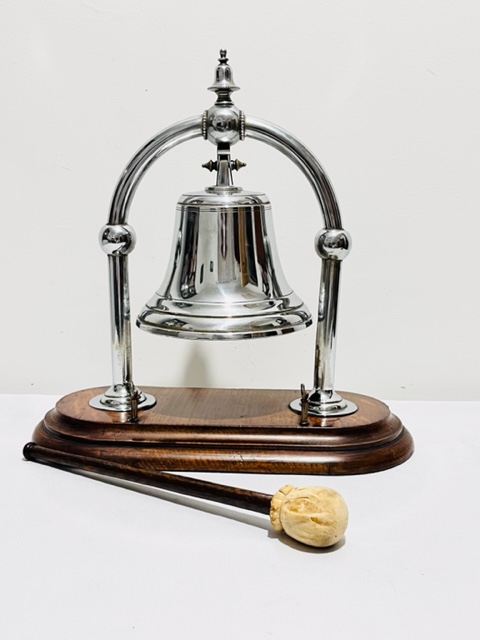 Antique Chrome Plated Dinner Bell Mounted on a Polished Oak Base