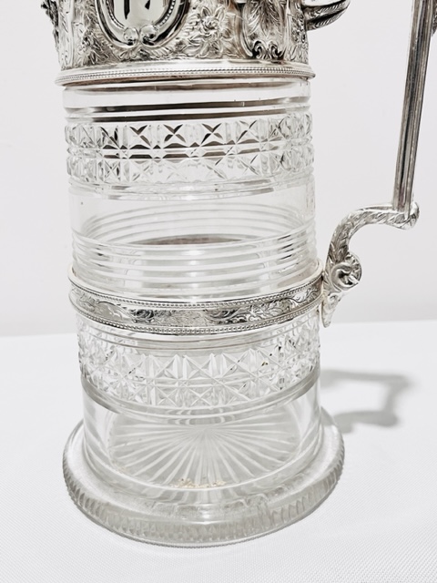 Handsome Elaborately Decorated Antique Silver Plated and Cut Glass Beer or Lemonade Jug