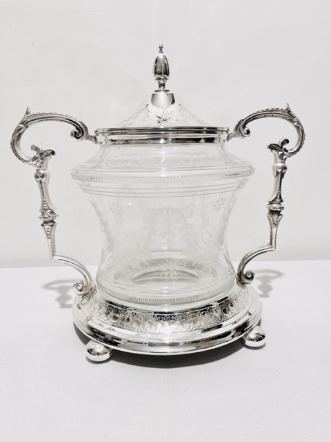 Super Quality Antique Silver Plated and Glass Biscuit Box