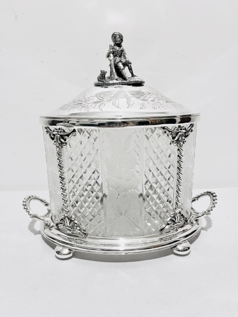 Antique Silver Plated Biscuit Box with a Finial of a Huntsman with his Dog (c.1880)