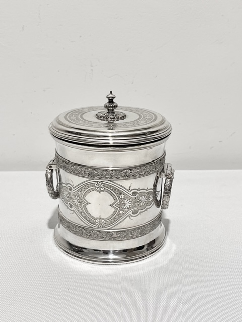 Antique Silver Plated Cylindrical Tea Caddy with Wreath Handles