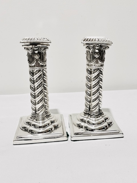 Pair of Antique Silver Plated Candlesticks with Cluster of Rope Twists Design (c.1880)