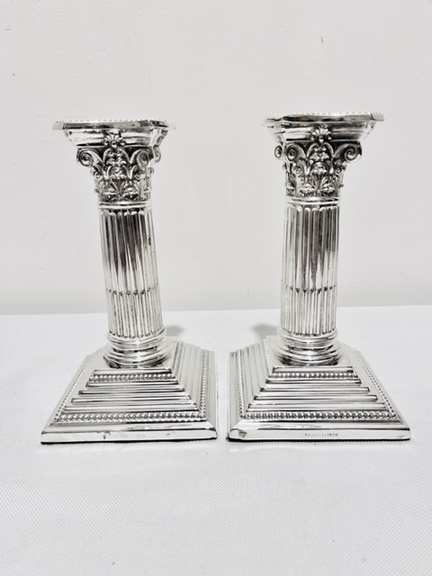 Pair of Classic Silver Plated Corinthian Column Candlesticks