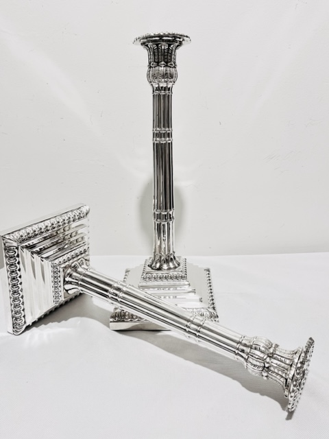 Pair of Antique Silver Plated Candlesticks with Bamboo Design Columns