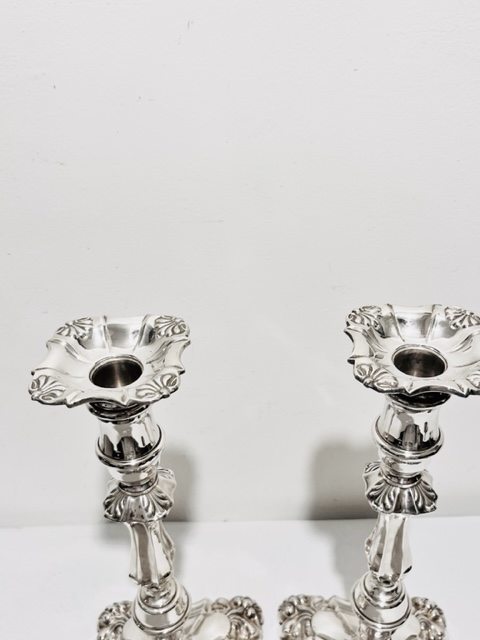 Pair of Silver Plated Candlesticks with Square Bases and Flowing Curled Corners