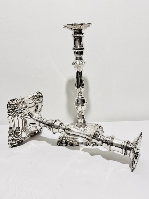 Pair of Silver Plated Candlesticks with Square Bases and Flowing Curled Corners