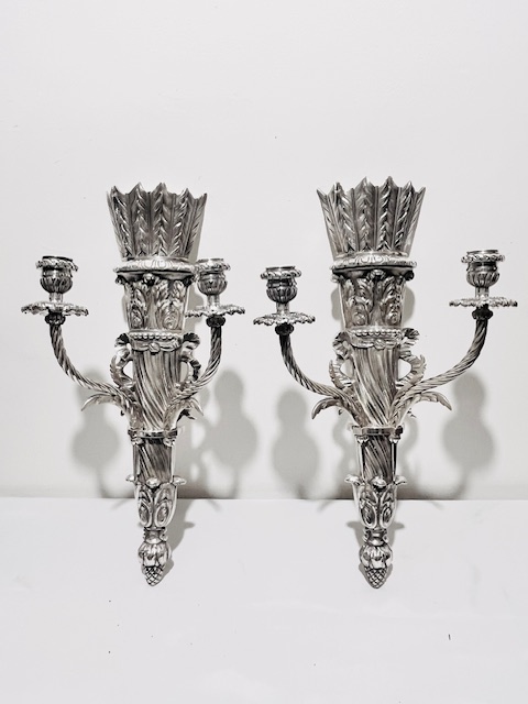 Pair of Decorative Antique Silver Plated Wall Lights