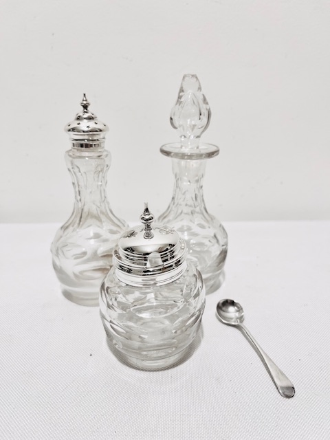 Antique Silver Plated and Glass Three Bottle Cruet