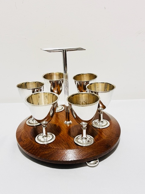 Round Based Antique Silver Plated and Oak Egg Cruet