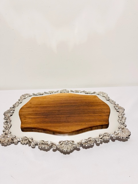 Antique Silver Plated Bread and Cheese Tray with Original Wooden Board