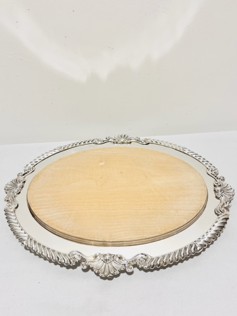 Antique Oval Wooden Bread or Cheese Board with Original Silver Plated Tray