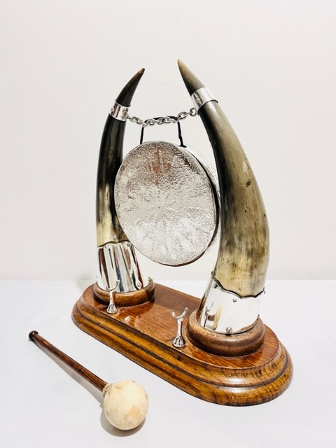 Antique Silver Plated Dinner Gong on an Oval Oak Base with Cow Horn Sides
