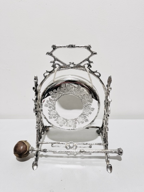 Antique Silver Plated Dinner Gong with Twig Effect Frame (c.1900)