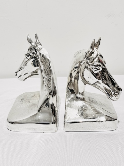 Pair of Novelty Vintage Silver Plated Book Ends Modelled as Horse Heads