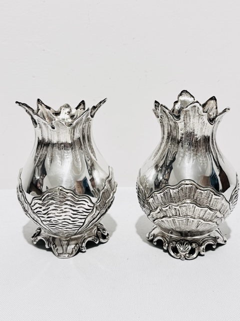 Pair of Antique Silver Plated Vases Decorated with Scrolls and Shells