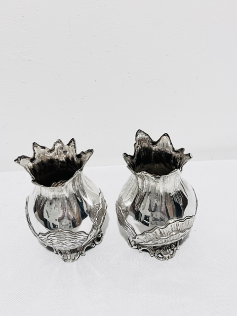 Pair of Antique Silver Plated Vases Decorated with Scrolls and Shells