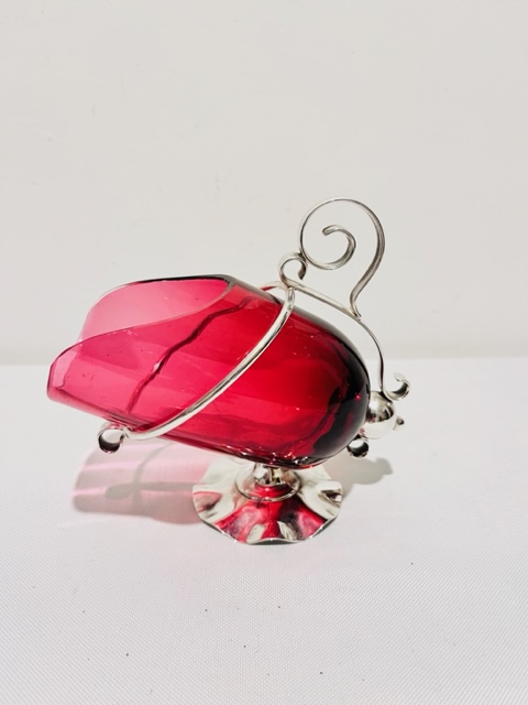 Unusual Antique Silver Plated and Cranberry Glass Sugar Scuttle (c.1920)
