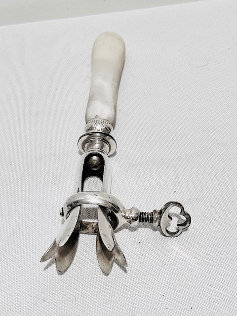 Antique Silver Plated Ham Bone Holder with Chunky Mother of Pearl Handle