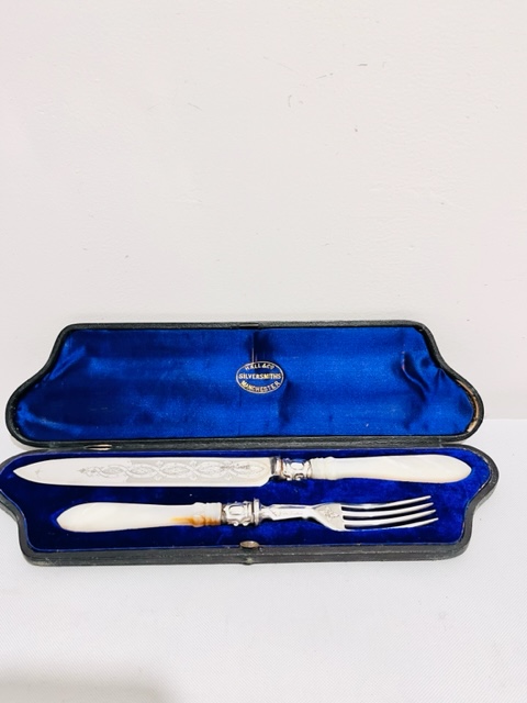 Boxed Silver Plated Cake Knife & Fork with Mother of Pearl Handles