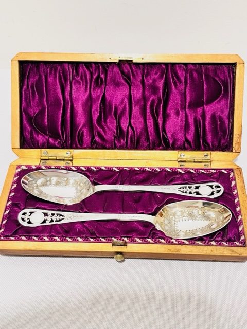 Pair of Boxed Antique Silver Plated Fruit or Jam Spoons