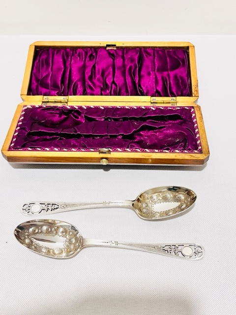 Pair of Boxed Antique Silver Plated Fruit or Jam Spoons
