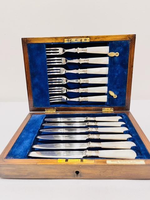 Antique Set of Six Boxed Knives and Forks for Fruit or Dessert