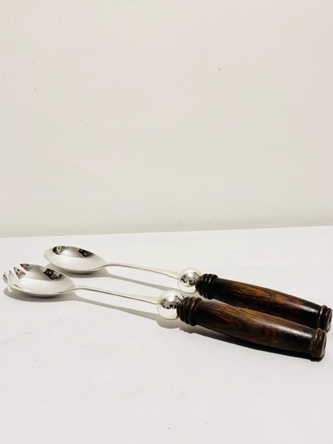 Pair of Vintage Oak and Silver Plated Salad Servers