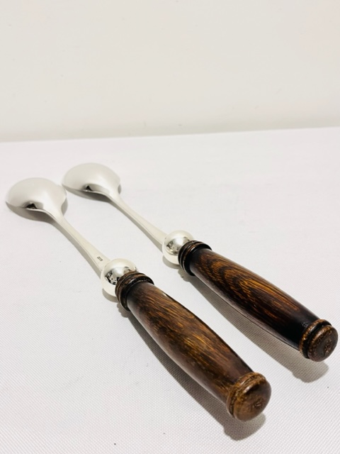 Pair of Vintage Oak and Silver Plated Salad Servers